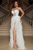 White A Line Spaghetti Straps Corset Formal Dress with Ruffles