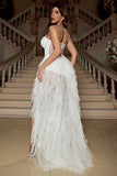 White A Line Spaghetti Straps Corset Formal Dress with Ruffles