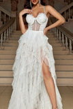 White A Line Spaghetti Straps Corset Formal Dress with Ruffles