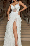 White A Line Spaghetti Straps Corset Formal Dress with Ruffles