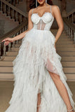 White A Line Spaghetti Straps Corset Formal Dress with Ruffles