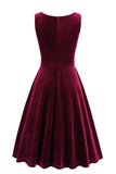 Burgundy A Line V Neck Pleated Short Vintage 1950s Dress