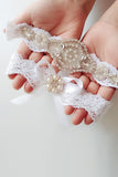 Pearl Rhinestone Lace Bridal Garter Set