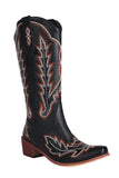 Classic Black Embroidered Pointed Toe Knee High Wide Calf Cowgirl Boots