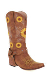 Brown Sunflower Pattern On Pointed Toe Chunky Heel Cowgirl Boots