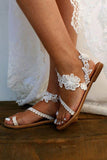 White Flower Flat Sandals with Ankle Strap