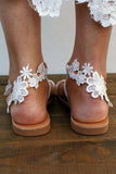 White Flower Flat Sandals with Ankle Strap