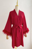 Red Bride Bridesmaid Tea-Length Robe with Feather