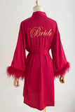 Red Bride Bridesmaid Tea-Length Robe with Feather