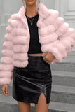 Pink Stand Collar Quilted Short Faux Fur Coat