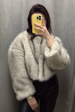 Black V Neck Midi Fitted Women Faux Fur Coat