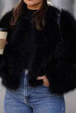 Black V Neck Midi Fitted Women Faux Fur Coat