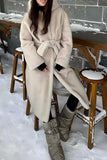 Grey Beige Long Shearling Women Fur Coat with Belt