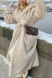 Grey Beige Long Shearling Women Fur Coat with Belt