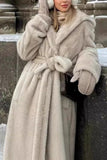 Grey Beige Long Shearling Women Fur Coat with Belt