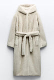 Grey Beige Long Shearling Women Fur Coat with Belt