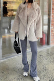 Grey Brown Midi Notched Lapel Shaggy Women Faux Fur Coat