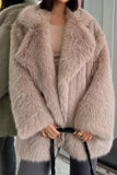 Grey Brown Midi Notched Lapel Shaggy Women Faux Fur Coat