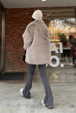 Grey Brown Midi Notched Lapel Shaggy Women Faux Fur Coat