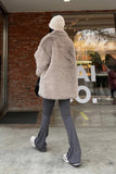 Grey Brown Midi Notched Lapel Shaggy Women Faux Fur Coat