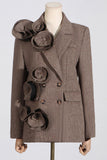 Coffee Herringbone Notched Lapel Women Blazer with 3D Flower