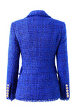 Royal Blue Notched Lapel Double Breasted Tweed Women Blazer