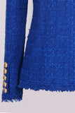 Royal Blue Notched Lapel Double Breasted Tweed Women Blazer