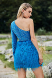 Sparkly Blue One Shoulder Sequined Feather Cocktail Dress