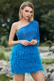 Sparkly Blue One Shoulder Sequined Feather Cocktail Dress