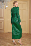 Green Sequined Front Slit Pleated V Neck Long Party Dress with Sleeves