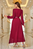 Burgundy A-Line Belted Formal Dress with Long Sleeves