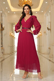 Burgundy A-Line Belted Formal Dress with Long Sleeves