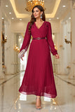 Burgundy A-Line Belted Formal Dress with Long Sleeves