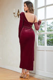 Burgundy One Shoulder Mermaid Velvet Formal Dress with Slit