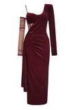 Burgundy One Shoulder Mermaid Velvet Formal Dress with Slit