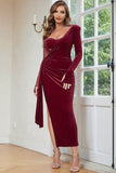 Burgundy One Shoulder Mermaid Velvet Formal Dress with Slit