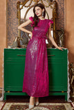 Fuchsia Ruffle Sleeves Long Formal Dress with Bow