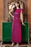 Fuchsia Ruffle Sleeves Long Formal Dress with Bow