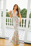 Sparkly Apricot Mermaid Floral Formal Dress with Sequins