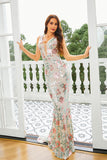 Sparkly Apricot Mermaid Floral Formal Dress with Sequins