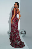 Sparkly Apricot Mermaid Floral Formal Dress with Sequins