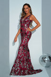 Sparkly Apricot Mermaid Floral Formal Dress with Sequins