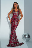 Sparkly Apricot Mermaid Floral Formal Dress with Sequins