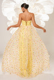 Yellow A-Line Floral Strapless Corset Long Formal Dress