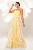 Yellow A-Line Floral Strapless Corset Long Formal Dress