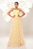 Yellow A-Line Floral Strapless Corset Long Formal Dress