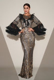 Sparkly Black Silver Mermaid Sequined Formal Dress With Long Sleeves