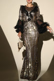 Sparkly Black Silver Mermaid Sequined Formal Dress With Long Sleeves