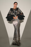 Sparkly Black Silver Mermaid Sequined Formal Dress With Long Sleeves