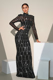 Sparkly Black Mermaid Sequined Formal Dress With Long Sleeves